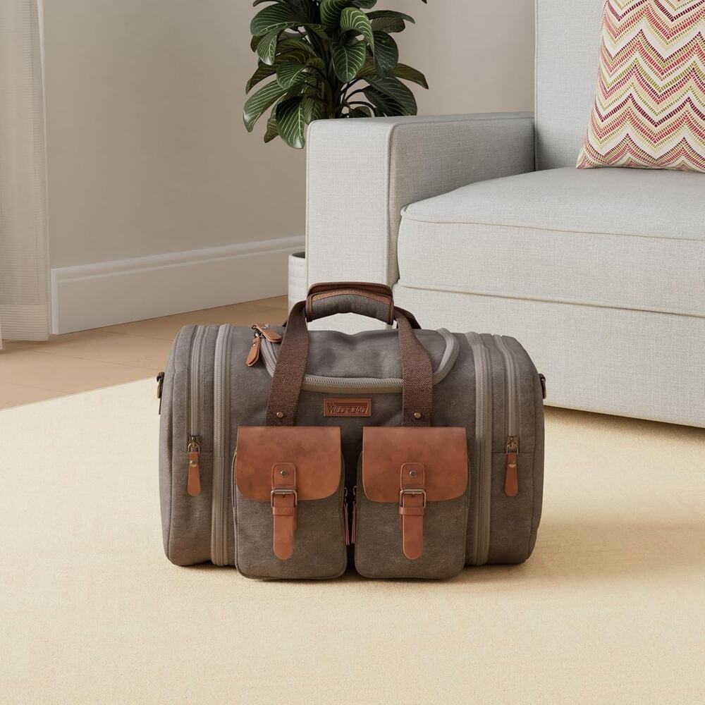 Wildroad 50L Travel Duffel Bag, Expandable Canvas Genuine Leather Duffle Bag Upg - Picture 2 of 7